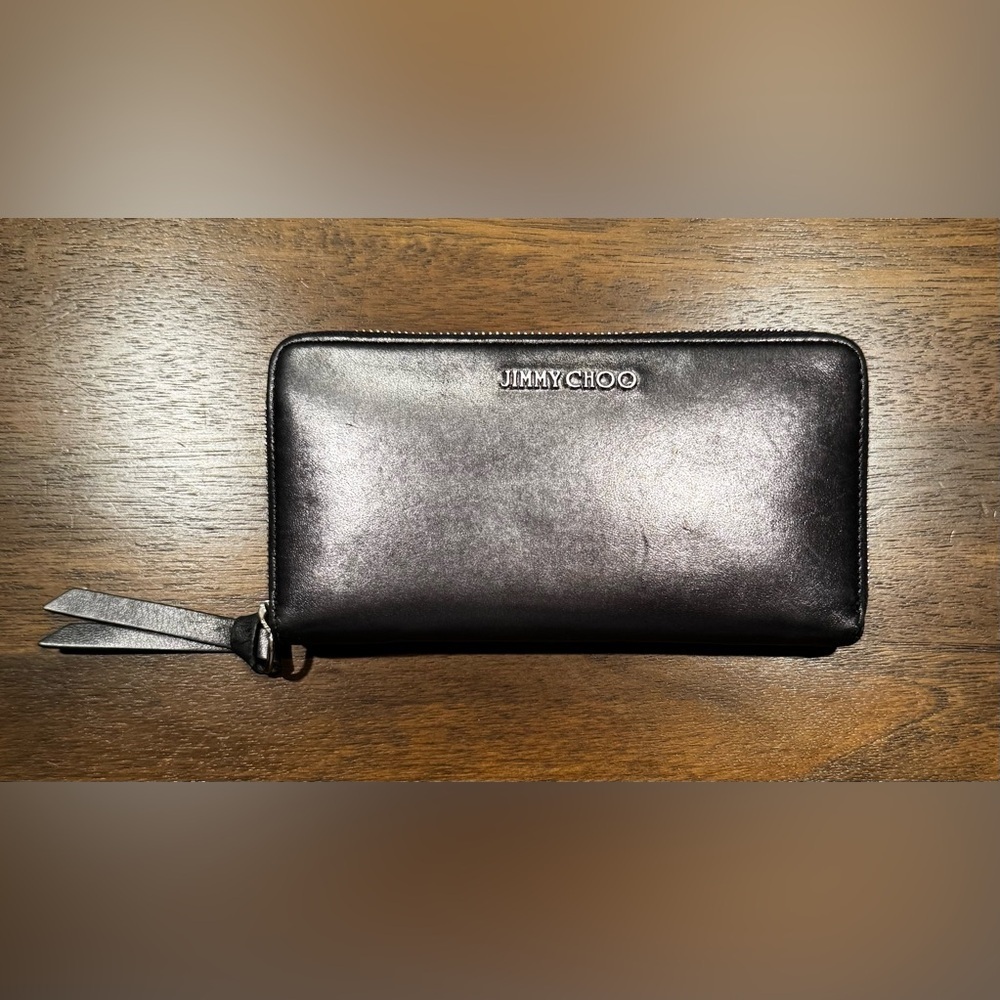 Jimmy Choo Black Leather with Silver Hardware Long Zippy Wallet
